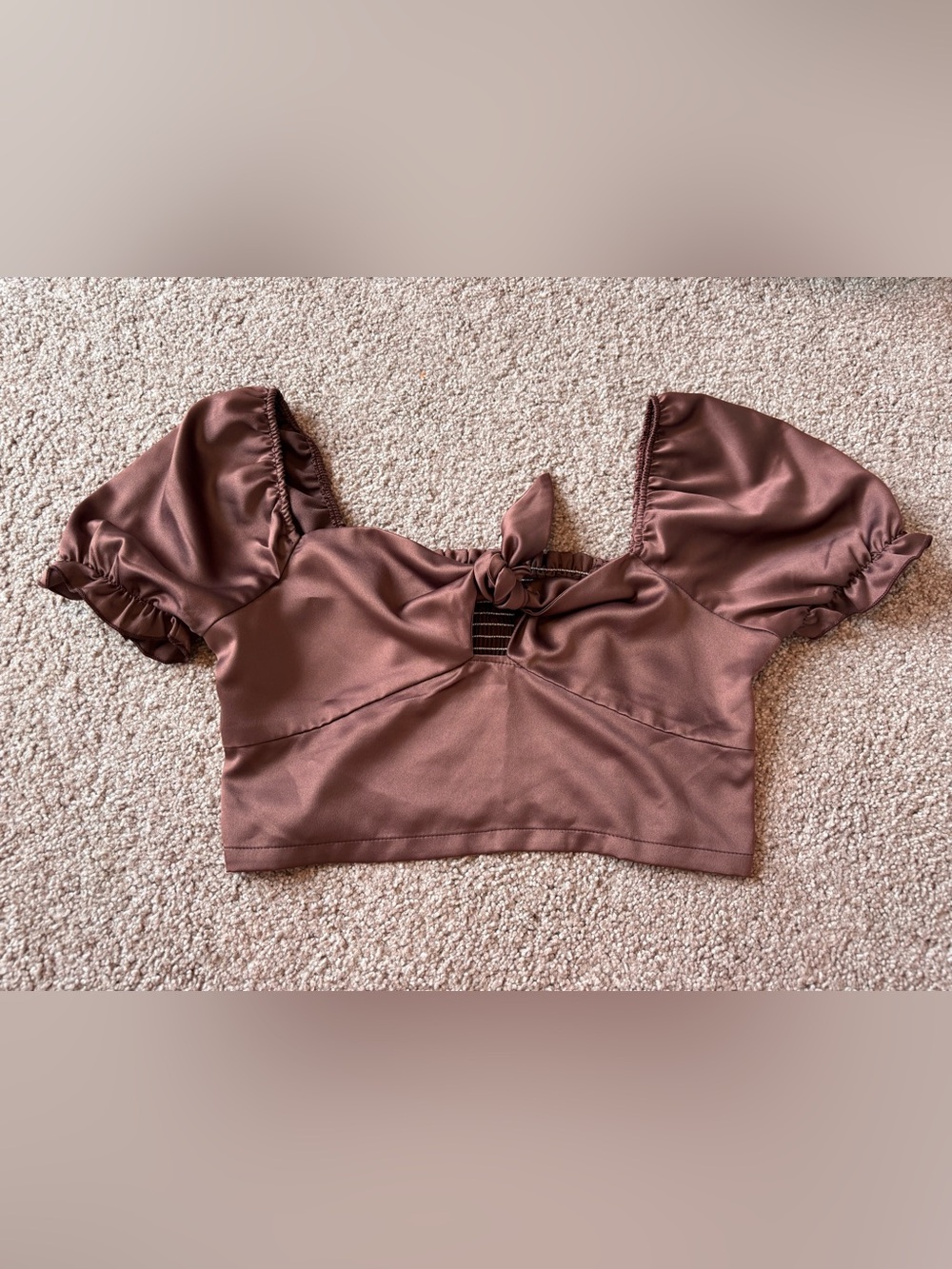 Originality Puff Sleeve Satin Crop Top in Mauve Brown